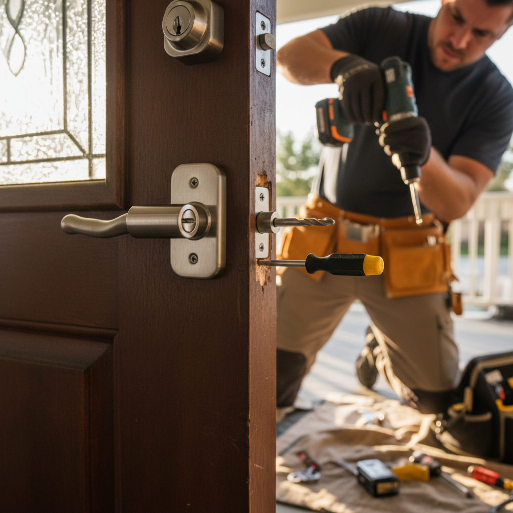 Master Locksmith FL technician installing a residential deadbolt lock